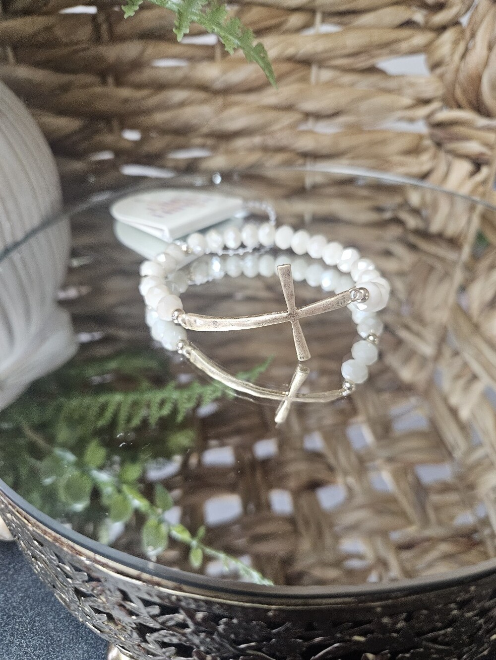 Gold Cross with White Glass Beads Stretch Bracelet